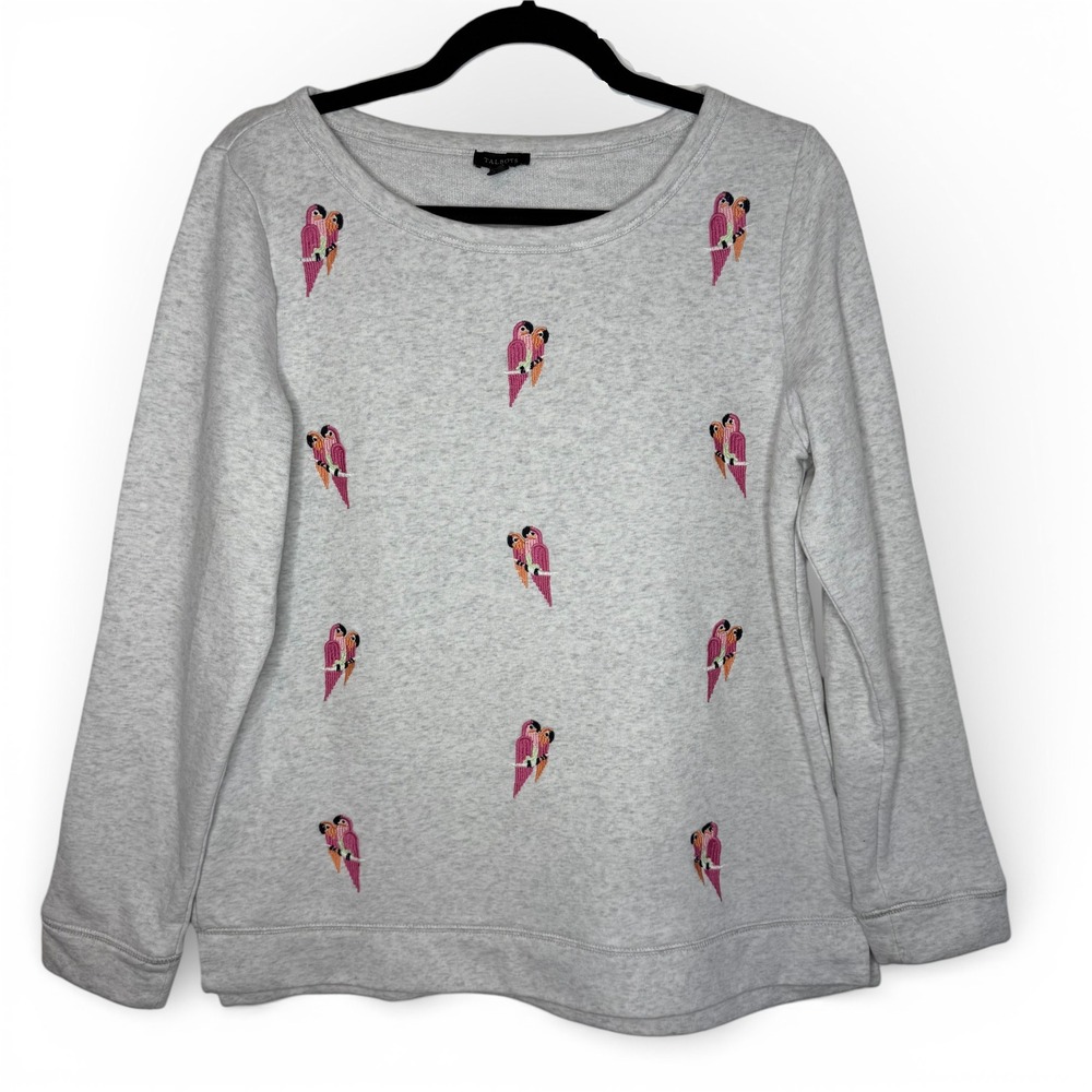 Talbots Embroidered Parrot Sweatshirt Gray Pullover M Cozy Preppy Art Teacher‎